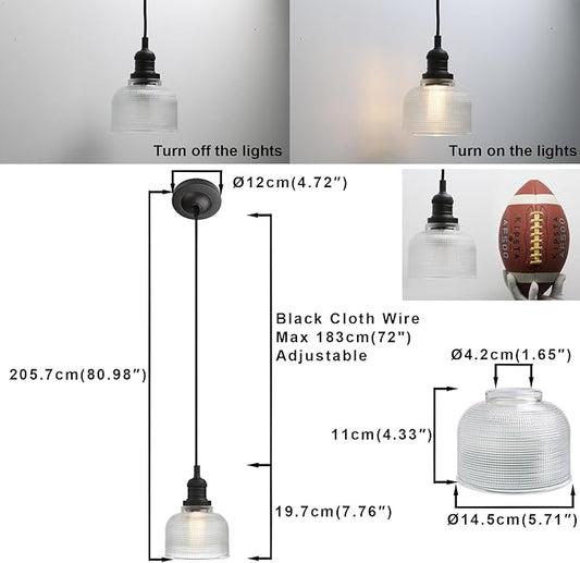 Yosoan Indoor Vintage Pendant Light with Striped Shade, 1-Light Hardwired Edison Vanity Fixture Industrial Semi Flush Mount Lamp Bowl Texture Glass for Kitchen Table Bar Island(Black)