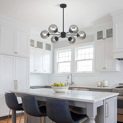KCO Lighting Mid Century Modern Globe Sputnik Chandelier 6-Light Smoke Gray Glass Globe Flush Mount Ceiling Light Black Farmhouse Kitchen Island Lighting Fixture (Black+Smoke Gray)