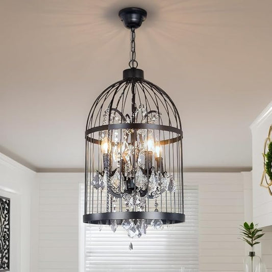4-Lights Industrial Vintage Pendant Lighting, with Black Metal Birdcage Shade, Crystal Ceiling Chandelier Adjustable Hanging Lamp Fixture for Kitchen Island Living Room Hallway Bar