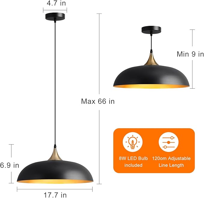 Eustace 17.7'' Farmhouse Vintage Pendant Lighting,Black and Gold Large Pendant Light Fixtures,Dome Metal Chandelier for Kitchen Island, Hallway, Dining Room, Bedroom
