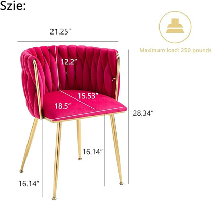 Nrizc Woven Dining Chairs Set of 2, Velvet Upholstered Dining Chairs with Gold Metal Legs, Modern Accent Chairs for Living Room, Dining Room, Kitchen (Rose Red)