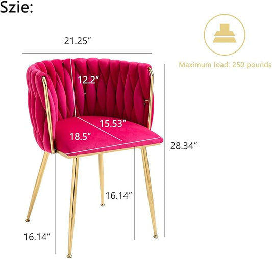Nrizc Woven Dining Chairs Set of 2, Velvet Upholstered Dining Chairs with Gold Metal Legs, Modern Accent Chairs for Living Room, Dining Room, Kitchen (Rose Red)