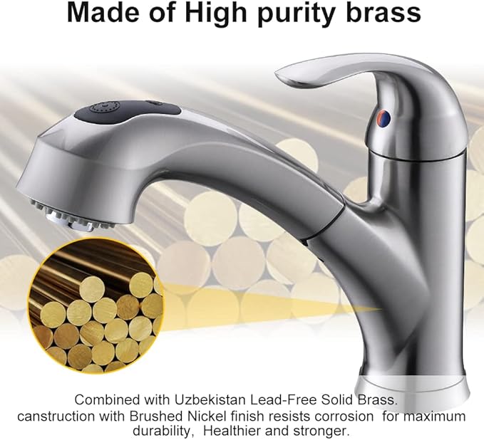 Kitchen Faucet with Sprayer, Brushed Nickel Kitchen Sink Faucet with Pull Out Sprayer, Single Handle 1 Hole Kitchen Faucets Solid Brass Commercial RV Kitchen Faucet 2 Modes & 150°Rotation & No Lead