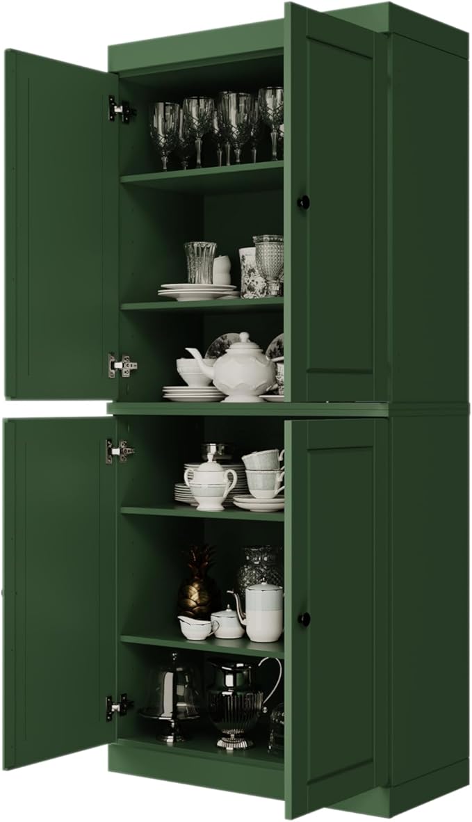 Palace Imports Solid Wood Kitchen Pantry Cabinet - 71.5" Tall x 32" Wide - Wooden Storage Cabinet with 4 Doors & Adjustable Shelves, Green, 100% Renewable Eco-Friendly Wood, Made in Brazil