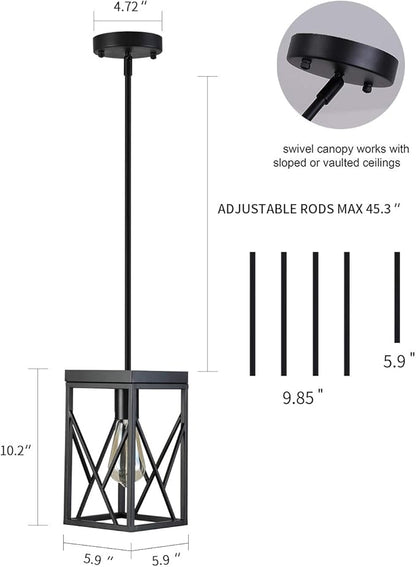 Modern Black Pendant Light with Metal Cage, One-Light Adjustable Rods Industrial Mini Pendant Lighting Fixture for Kitchen Island Cafe Bar Farmhouse, Black