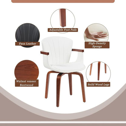 Geelife Mid-Century Bentwood Dining Chair – Heat-Pressed Pu Leather in White+Walnut - Timeless Design & Bentwood Craftsmanship - Dining Rooms, Home Offices, Kitchen Islands - Elegant for Any Season
