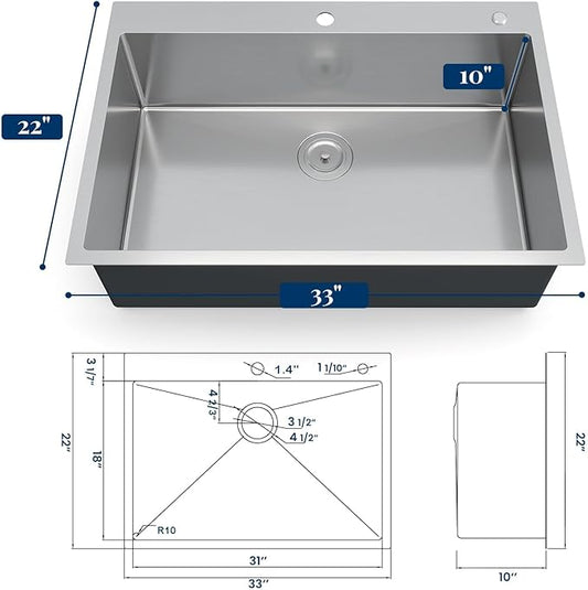 GarveeTech Kitchen Sinks,33×22×10 inch Drop-In Single Bowl Kitchen Sink – Heavy-Duty Brushed Stainless Steel, Deep Basin, Bottom Grid & Drain Kit Included