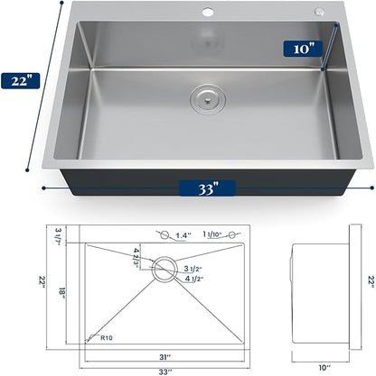 GarveeTech Kitchen Sinks,32×22×10 inch Drop-In Brushed Stainless Steel Kitchen Sink – Deep Single Bowl with 2.0mm Rim, 1.0mm Bowl, Bottom Grid & Drain Assembly