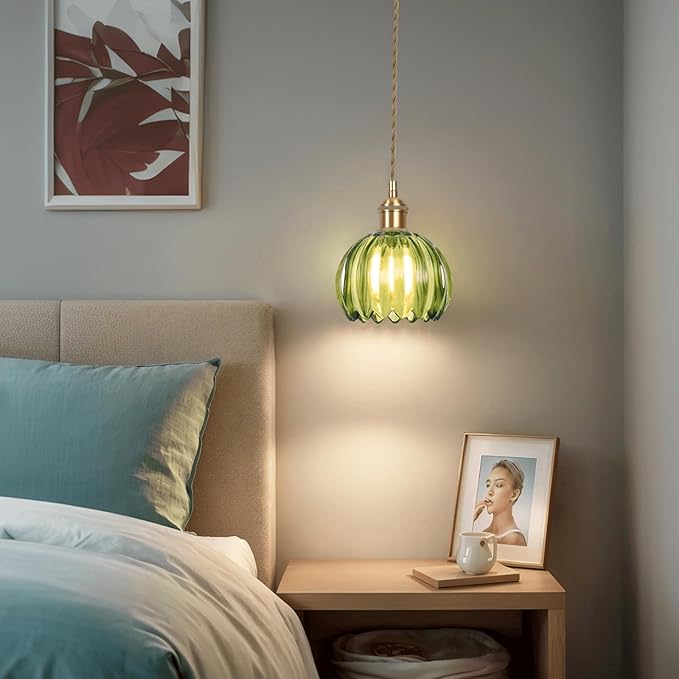 Mini Flower Glass Pendant Light Adjustable Hanging Lamp, Green Pendant Lights Kitchen Island Dining Room Hallway Bedroom Living Room, LED Bulb Included