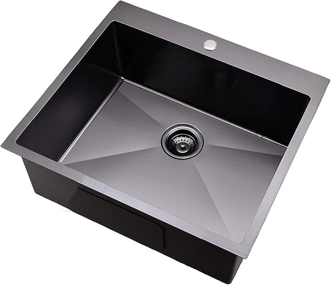 KINGO HOME 25x22 Inch Black Drop In Kitchen Sink, 25 Inch Gunmetal Black RV Laundry Utility Sinks, Top Mount 16 Gauge Stainless Steel Single Bowl Deep Small Kitchen Sink
