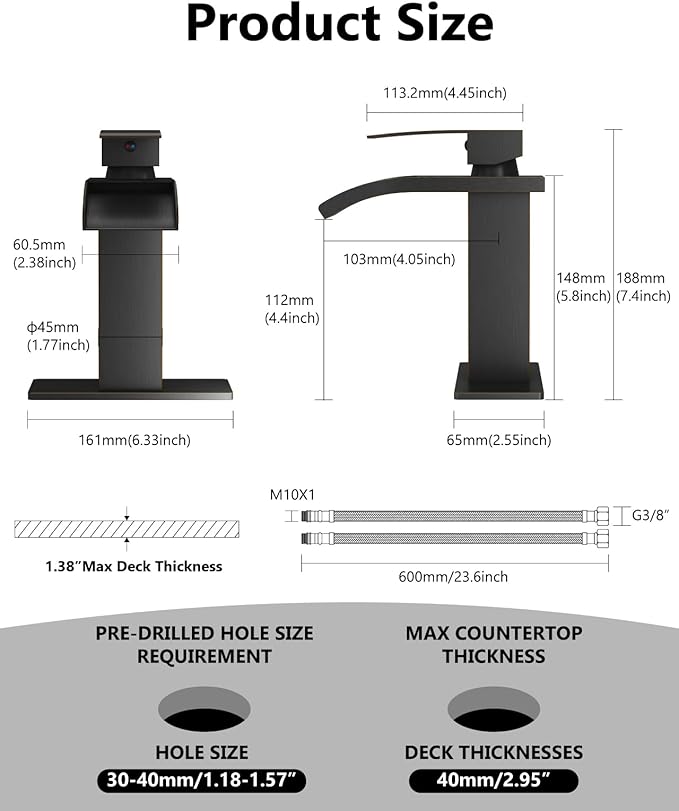 Waterfall Bathroom Faucet 1 Hole, Single Hole Bathroom Faucet, Single Handle Vanity Sink Faucet with Deck Plate, Pop-up Drain & Supply Lines, Oil Rubbed Bronze