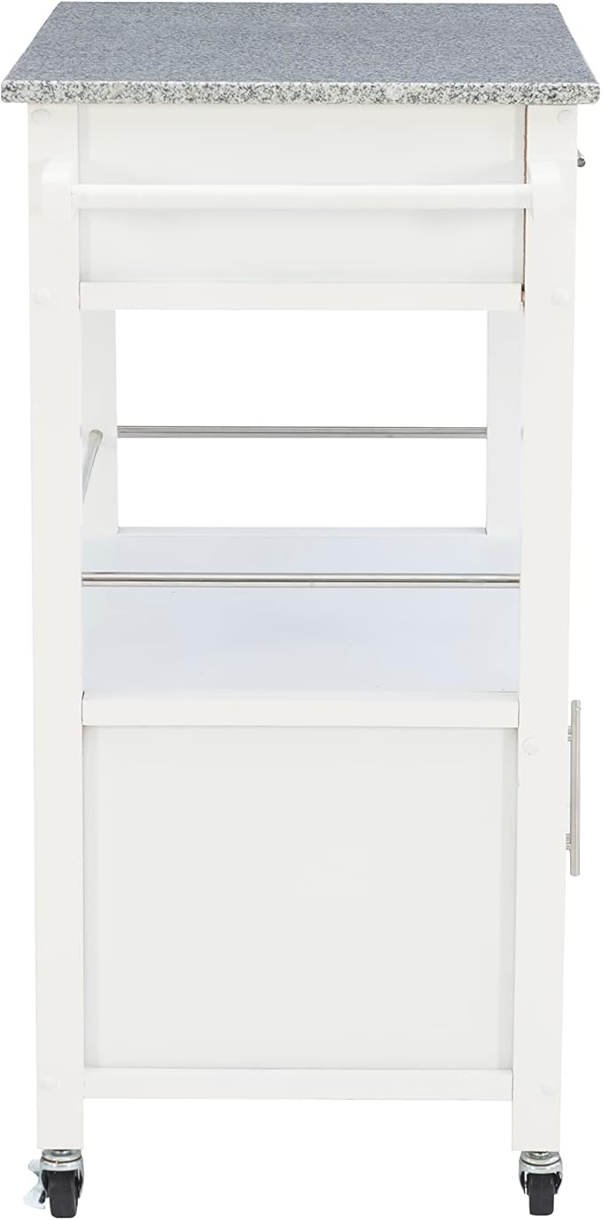 Linon Kyler White Granite Topped Kitchen Cart with Lockable Casters and Hidden Storage Spaces