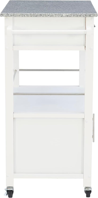Linon Kyler White Granite Topped Kitchen Cart with Lockable Casters and Hidden Storage Spaces