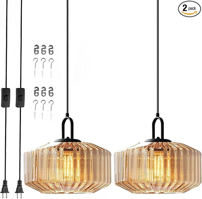 Plug in Pendant Lights Amber Glass Lampshade Large Globe Hanging Lamp Kitchen Island Mid Century Hanging Lamp with 14.7 ft Plug in Cord Swag Style Plug in Light Fixture for Living Room