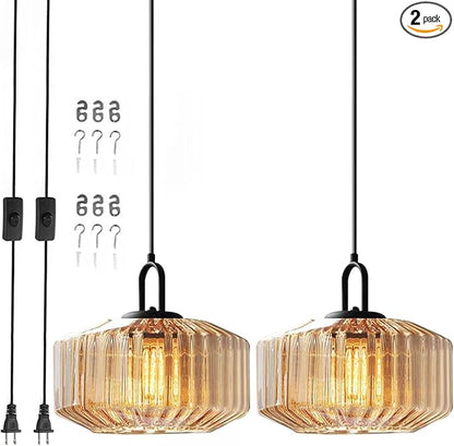 Plug in Pendant Lights Amber Glass Lampshade Large Globe Hanging Lamp Kitchen Island Mid Century Hanging Lamp with 14.7 ft Plug in Cord Swag Style Plug in Light Fixture for Living Room