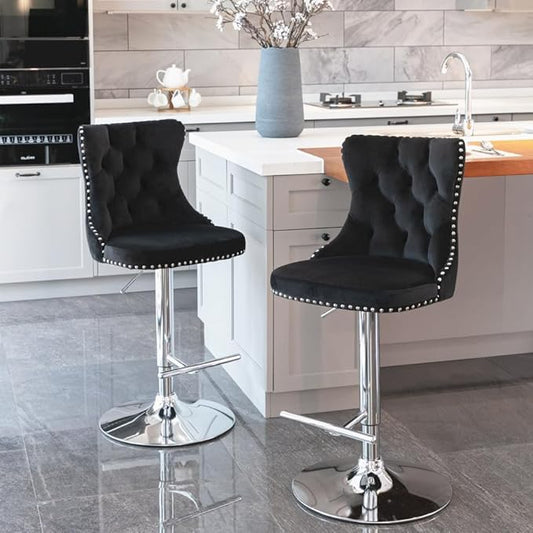 Modern Swivel Bar Stool with Adjustable Height and Tufted Upholstered Backrest for Kitchen Island, Home Bar, or Dining Area (Black + Velvet + Foam-3)