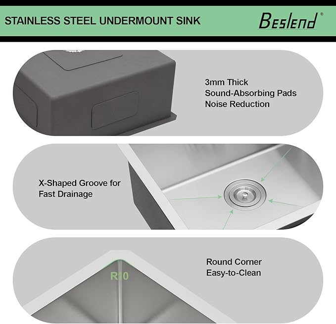 21 Inch Undermount Kitchen Sink - Beslend 21x18x10 Inch Undermount Sink Stainless Steel Under Counter Sinks 16 Gauge Round Corner Sink Single Bowl Bar Sink