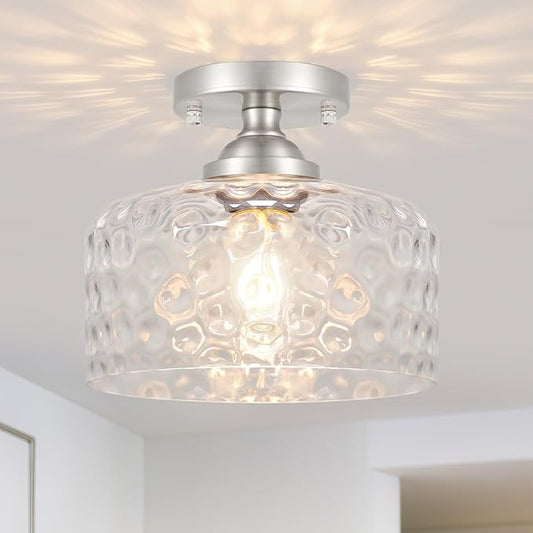 Daunton Small Semi Flush Mount Ceiling Light Fixture, Vintage Brushed Nickel Close to Ceiling Lighting with Hammered Glass Shade for Hallway, Kitchen, Entryway (Retro Design, Easy Install)