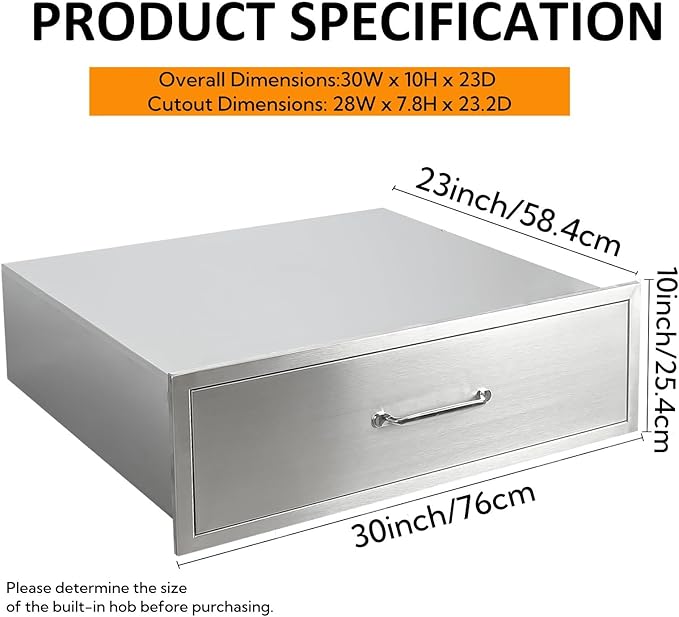 Outdoor Kitchen Drawers, 30" W x 23" D x 10" H Stainless Steel Single Access BBQ Drawer, Flush Mount Enclosed Drawer with Handle for Outdoor Kitchens & BBQ Islands, No Installation Required