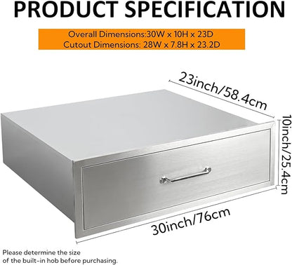 Outdoor Kitchen Drawers, 30" W x 23" D x 10" H Stainless Steel Single Access BBQ Drawer, Flush Mount Enclosed Drawer with Handle for Outdoor Kitchens & BBQ Islands, No Installation Required