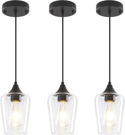 3-Pack Black Pendant Lights Kitchen Island, Modern Glass Pendant Lighting Over Island Kitchen Hanging Light Fixtures Hallway Pendant Lights for Bathroom Dining Room Entryway Foyer Bedroom