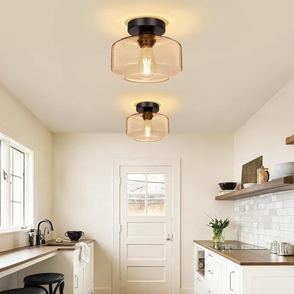 Lynnoland Industrial Semi Flush Mount Ceiling Light, Amber Seeded Glass Shade Ceiling Light Fixture, Light Fixture for Hallway Bathroom Bedroom, Vintage Hanging Light Fixtures