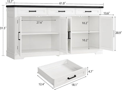 usikey 61” Large Sideboard Buffet Cabinet with 4 Doors and 3 Drawers, Farmhouse Buffet Table, Dining Room Storage Cabinet for Kitchen or Living Room, White
