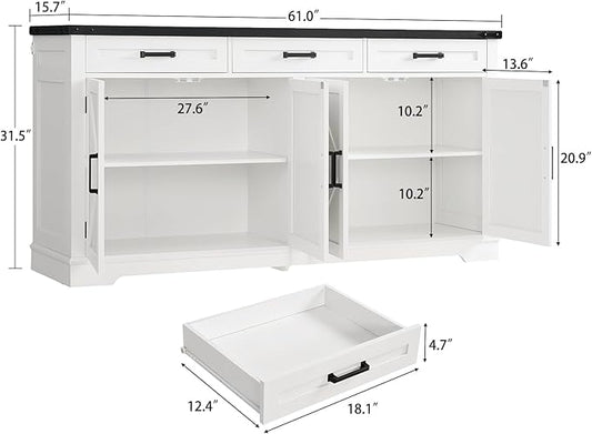 usikey 61” Large Sideboard Buffet Cabinet with 4 Doors and 3 Drawers, Farmhouse Buffet Table, Dining Room Storage Cabinet for Kitchen or Living Room, White