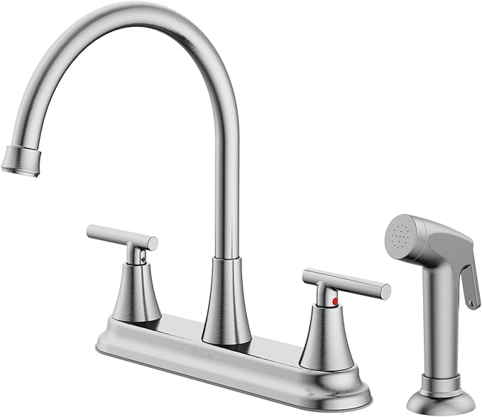 HURRAN 2-Handle Kitchen Faucet with Pull-Out Side Sprayer, 8 Inch High Arch Stainless Steel 360°Rotating Kitchen Sink Faucet, 4 Hole Faucet for Kitchen Bar Rv Camper, Nickel