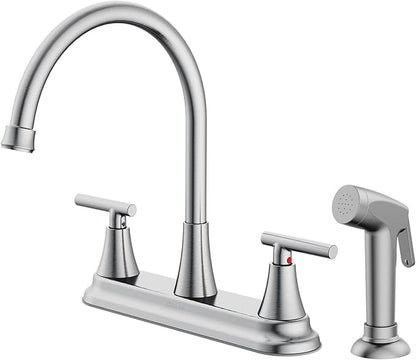 HURRAN 2-Handle Kitchen Faucet with Pull-Out Side Sprayer, 8 Inch High Arch Stainless Steel 360°Rotating Kitchen Sink Faucet, 4 Hole Faucet for Kitchen Bar Rv Camper, Nickel