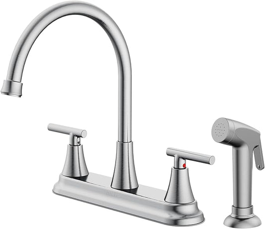 HURRAN 2-Handle Kitchen Faucet with Pull-Out Side Sprayer, 8 Inch High Arch Stainless Steel 360°Rotating Kitchen Sink Faucet, 4 Hole Faucet for Kitchen Bar Rv Camper, Nickel