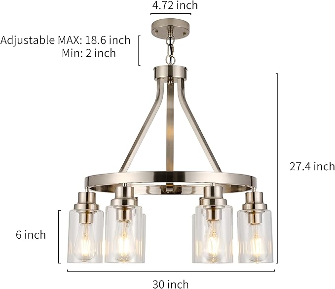 Brushed Nickel Chandeliers 6 Light Modern Dining Room Lighting Fixtures Hanging, Kitchen Island Linear Pendant Lights Farmhouse Flush Mount Ceiling Light with Glass Shade