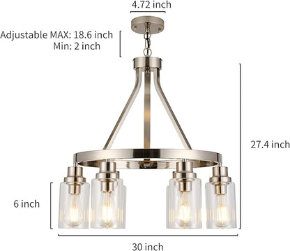 Brushed Nickel Chandeliers 6 Light Modern Dining Room Lighting Fixtures Hanging, Kitchen Island Linear Pendant Lights Farmhouse Flush Mount Ceiling Light with Glass Shade