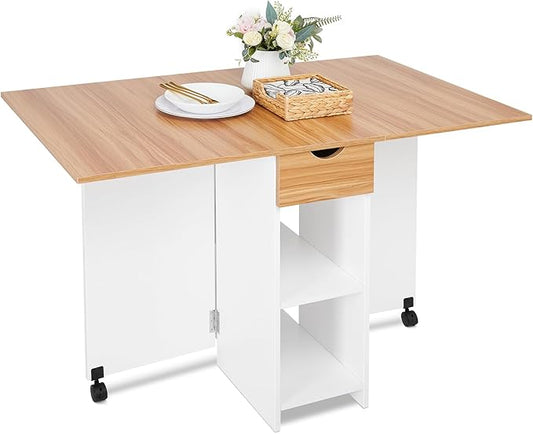 Mondeer Folding Dining Table, Drop Leaf Kitchen Table with 1 Drawer and 2 Open Storage Shelves Small Space Dining Room Kitchen Modern (White & Red Oak)
