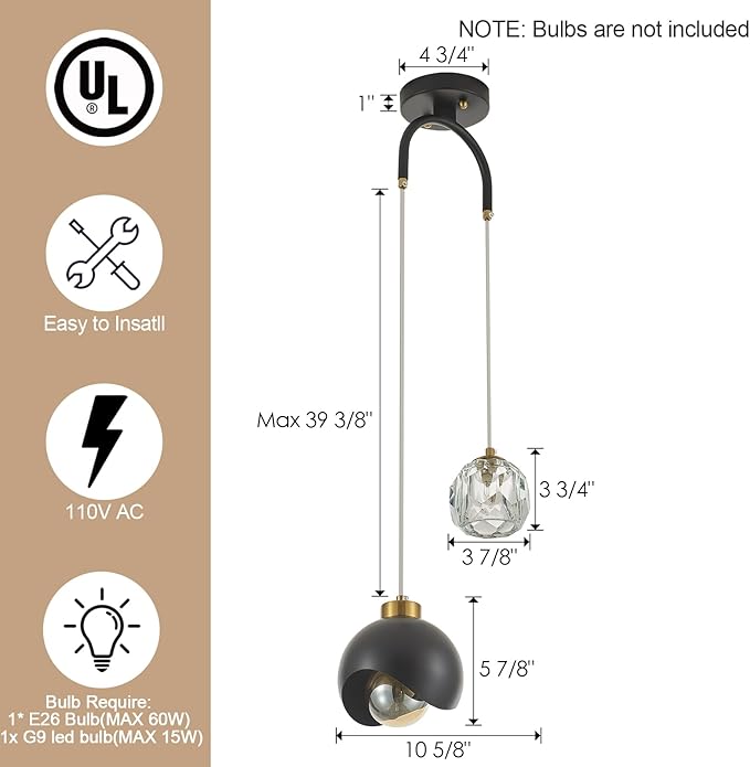 2 - Light Modern Pendant Light with Crystal Accent, Black Pendant Light Hallway, Unique Hanging Light Fixture for Entryway Bedroom Kitchen Island