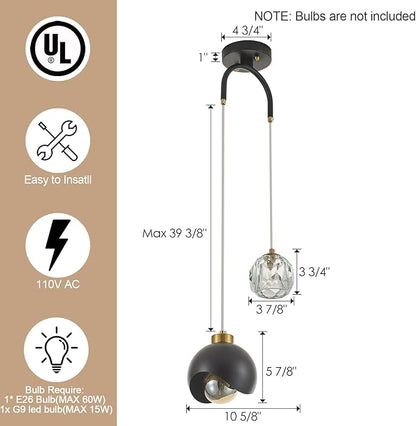 2 - Light Modern Pendant Light with Crystal Accent, Black Pendant Light Hallway, Unique Hanging Light Fixture for Entryway Bedroom Kitchen Island