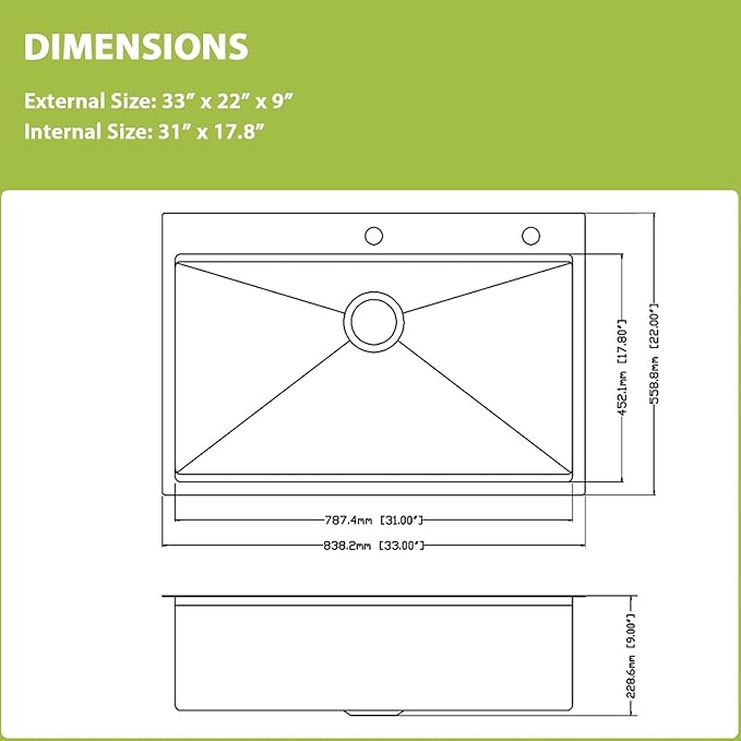 33 Drop In Kitchen Sink - Meryiao 33x22 Inch Stainless Steel Workstation Sink, 16Gauge Topmount Single Bowl Sinks, Above Counter 9'' Deep Handmade Kitchen Sink with Accessories, 33''x22''x9''