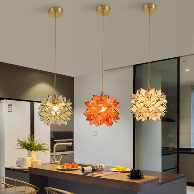 Modern Pendant Light Flower Petals Hanging Light Fixture 7 Inch White Tiffany Stained Glass Shade Mini Glass Pendant Lighting for Kitchen Island
