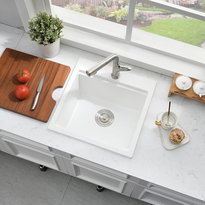 15 Inch White Drop In Bar Sink Workstation -Bokaiya 15x15 Quartz Outdoor Rv Wet Bar Sink Single Bowl Small Drop In Kitchen Sinks with Cutting Board