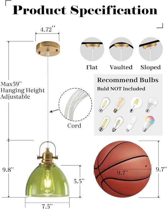 Glass Pendant Lights Kitchen Island, 7.5 inch Green Glass Pendant Lights, Vintage Pendant Lighting 1-Pack,Farmhouse Kitchen Island Lights for Kitchen, Bedroom, Living Room, Bathroom