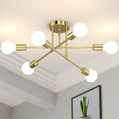 Modern Sputnik Chandelier Ceiling Light Fixtures, 6-Lights 22” Mid Century Industrial Metal Semi Flush Mount for Dining Room, Bedroom, Living Room-Brushed Gold