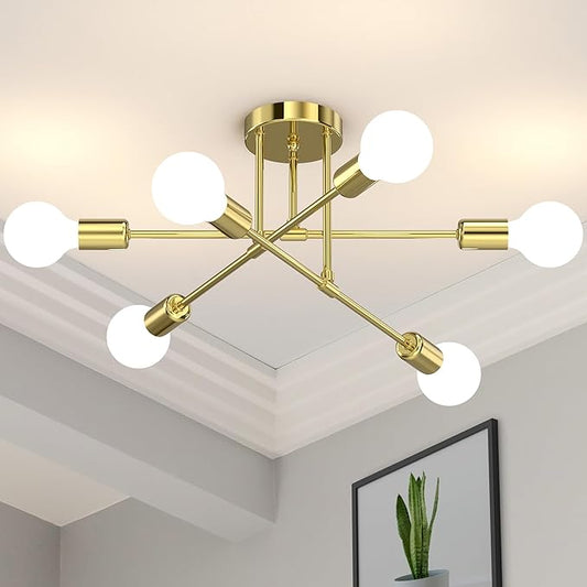 Modern Sputnik Chandelier Ceiling Light Fixtures, 6-Lights 22” Mid Century Industrial Metal Semi Flush Mount for Dining Room, Bedroom, Living Room-Brushed Gold