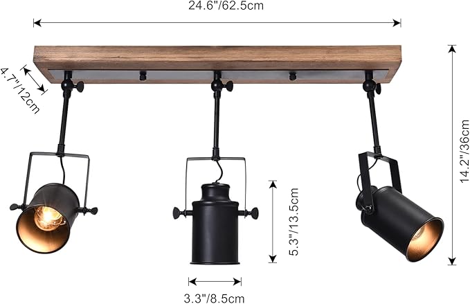 Lingkai Track Lighting Fixture, Farmhouse 3-Light Black Wood Kitchen Spotlight Industrial Adjustable Heads Ceiling Light for Kitchen Living Room Dining Room