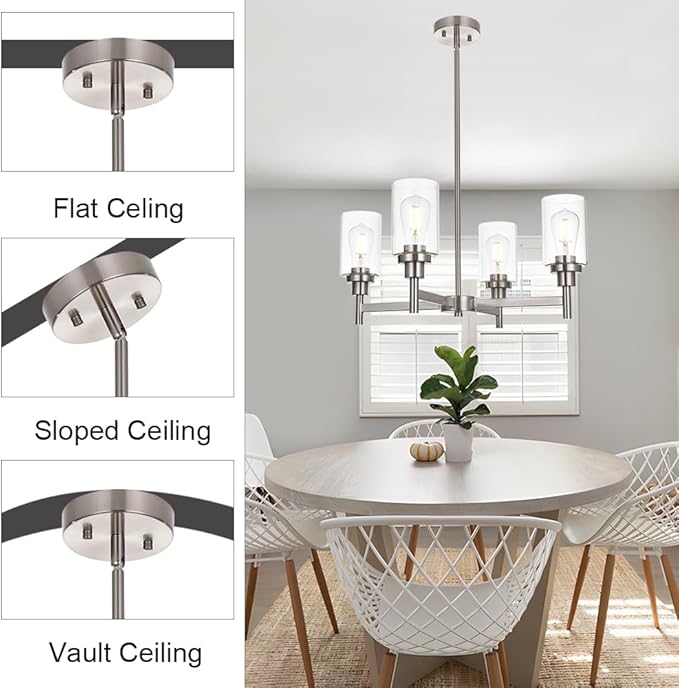 VINLUZ 4 Light Modern Chandelier Brushed Nickel Pendant Lighting Clear Glass Shades Contemporary Ceiling Light Fixtures for Dining Room Kitchen Living Room