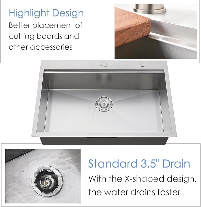 KINGO HOME Drop in Kitchen Sink,33"x 22" Inch Stainless Steel Kitchen Sinks,Brushed Nickel Single Bowl Basin Handmade Topmount workstation sink With Dish Grid,Dish Drainer,Cutting Board and Basket