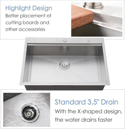 KINGO HOME Drop in Kitchen Sink,33"x 22" Inch Stainless Steel Kitchen Sinks,Brushed Nickel Single Bowl Basin Handmade Topmount workstation sink With Dish Grid,Dish Drainer,Cutting Board and Basket