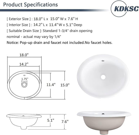 Bathroom Vessel Sink 18'' x 15'' Semi Recessed Bathroom Sink Oval Drop In Sink with Overflow White Ceramic Modern Vessel Sinks for Bathroom
