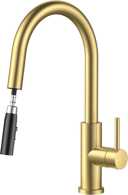 FORIOUS Kitchen Faucets with Pull Down Sprayer, Gold Single Handle Stainless Steel High Arc Kitchen Sink Faucet with Deck Plate, Transitional Single Hole Faucet for Bar RV Outdoor Laundry Farmhouse