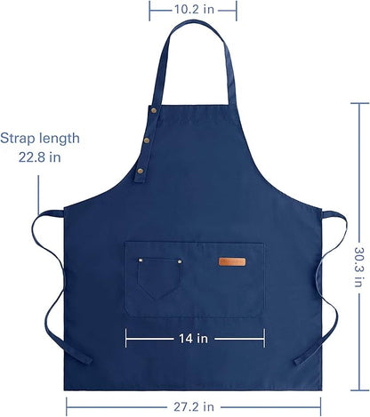 Apron for Men Women with Adjustable Straps and Large Pockets, Canvas Cotton Cooking Kitchen Chef Bib Aprons Waterproof Blue