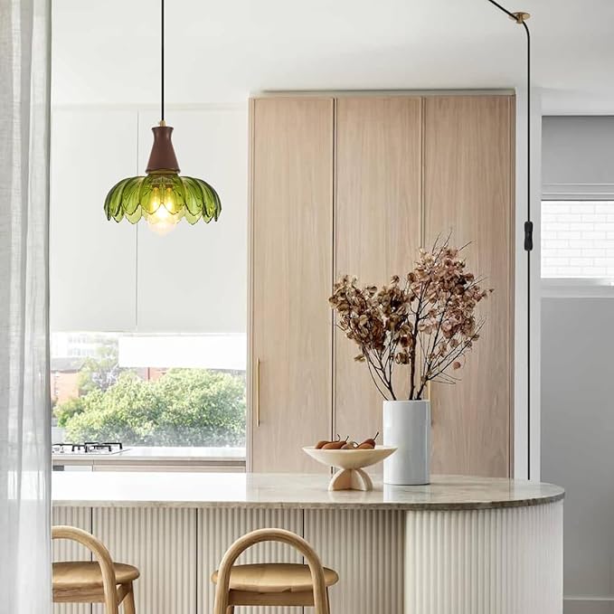 YLONG-ZS Vintage Plug in Pendant Light, Boho Hanging Lamp Plug in Pulley Green Glass Pendant Lamp, Modern Walnut Color Wood Hanging Light for Kitchen Island, Bedroom, Dining Room, Living Room